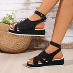 Women's platform ankle strap comfort sandals made of faux leather with casual style and supportive sole by Trendsi.
