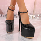 Women's faux leather platform high heel pumps with elegant stiletto design, featuring a sleek silhouette and stylish heel.