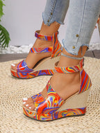 Women's faux leather platform wedge sandals with ankle strap by Trendsi, showcasing stylish design and comfortable heel height.