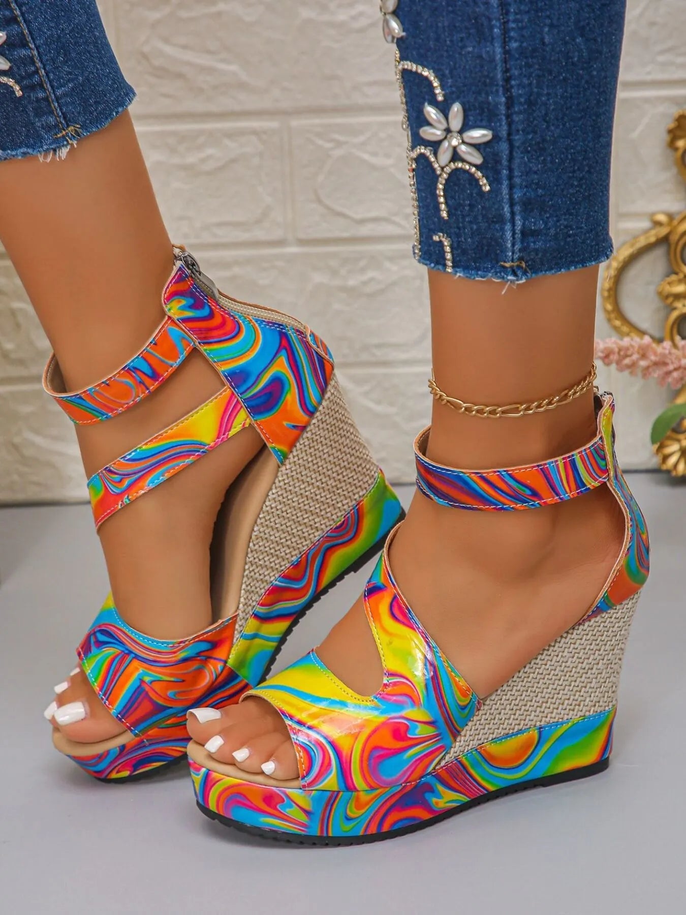 Women's faux leather platform wedge sandals with ankle strap, trendy and stylish shoes by Trendsi.