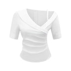 White Bella Mia short sleeve summer shirt with pleated design, slim fit top, perfect for warm weather and stylish casual wear.