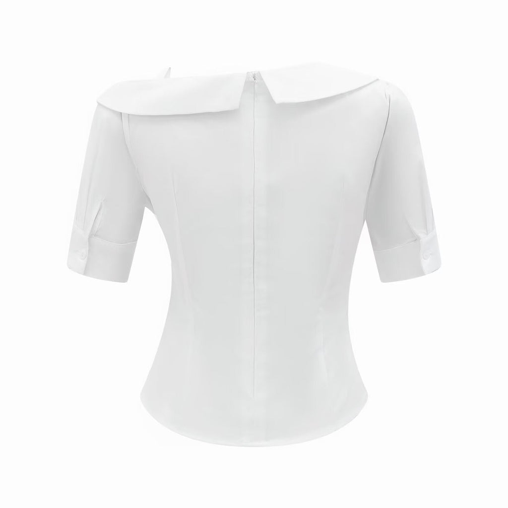 Bella Mia white short sleeve shirt with pleated design, slim fit summer top, perfect for casual and dressy occasions.