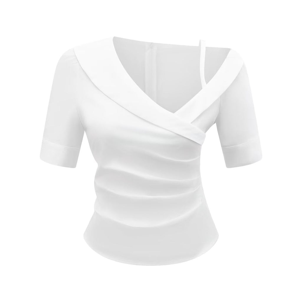 Bella Mia white summer short sleeve shirt with pleated design and slim fit, stylish top perfect for warm weather.