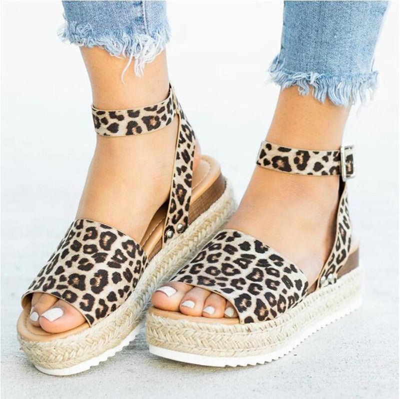 Plus size women's leopard print casual sandals with thick soles, round toe, and belt buckle from Plush Fashion Hub.