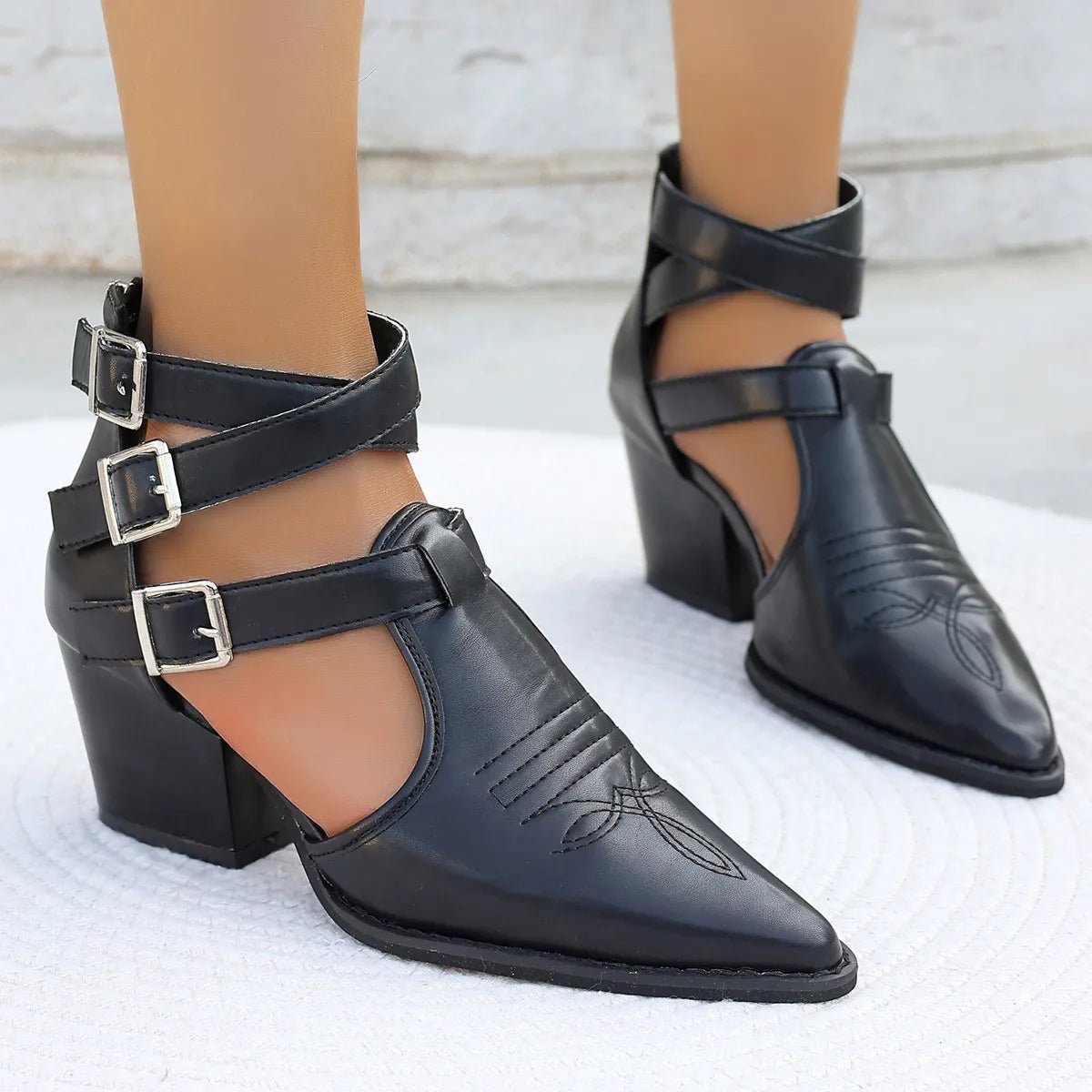 Women's pointed toe block heel sandals by Plush Fashion Hub, featuring a comfortable mid-heel and elegant dress shoe design.