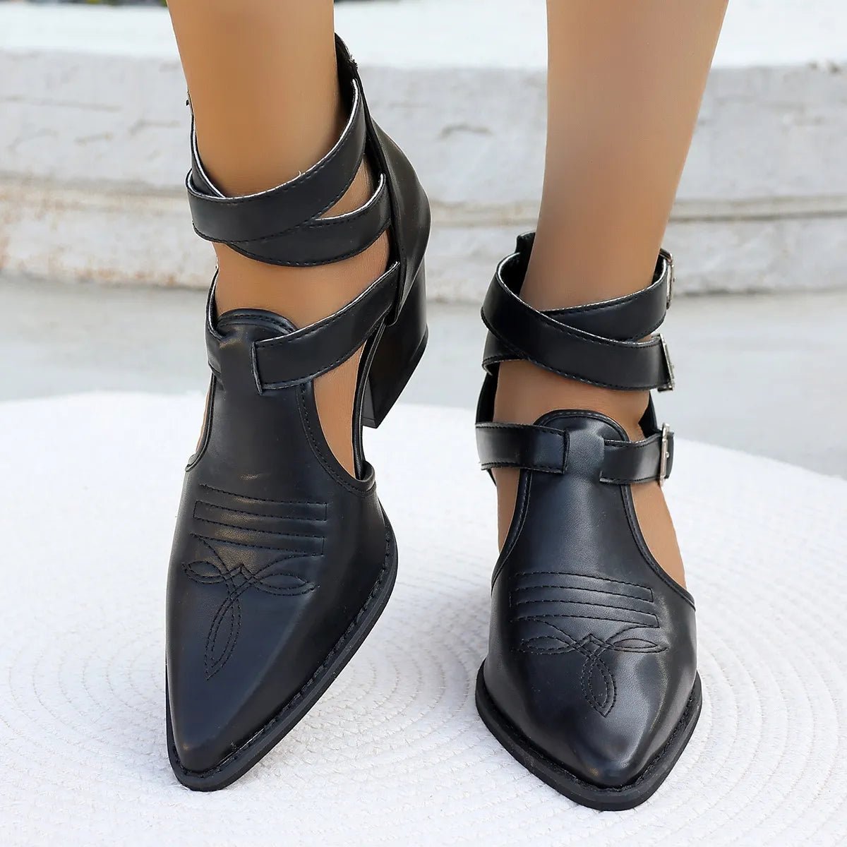 Women's pointed toe block heel sandals from Plush Fashion Hub, featuring a comfortable mid heel and stylish dress shoe design.