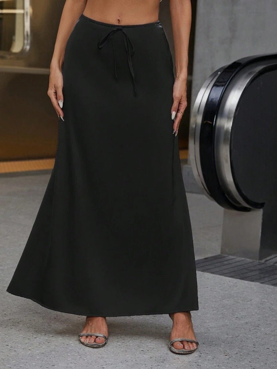 Elegant satin skirt by Bella Mia featuring lace-up design, suitable for spring and autumn, long and stylish for women.