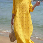 Printed ladies' long-sleeved round neck dress by Plush Fashion Hub, showcasing a stylish, comfortable design with vibrant print details.