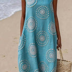 Printed ladies' long-sleeved round neck dress by Plush Fashion Hub, featuring a stylish print and comfortable fit.