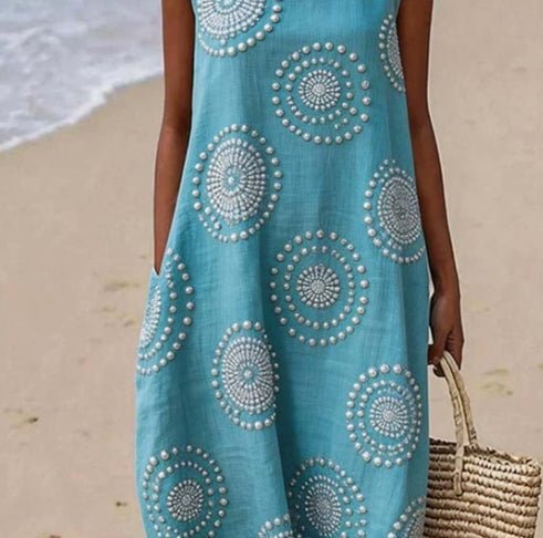Printed ladies' long-sleeved round neck dress by Plush Fashion Hub, featuring a stylish print and comfortable fit.