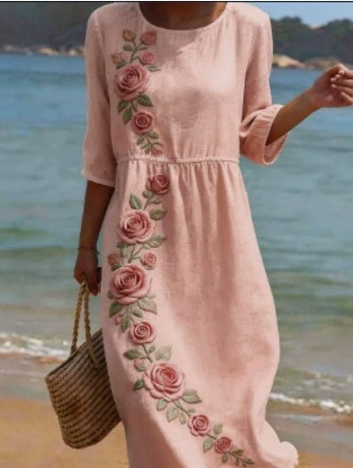 Printed ladies' long-sleeved round neck dress by Plush Fashion Hub, showcasing a stylish pattern and comfortable fit.