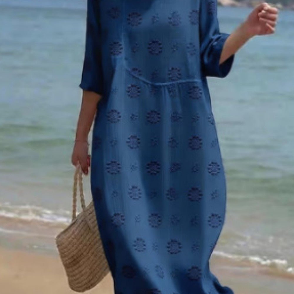 Printed ladies' long-sleeved round neck dress by Plush Fashion Hub, showing a stylish and comfortable casual dress with floral print.