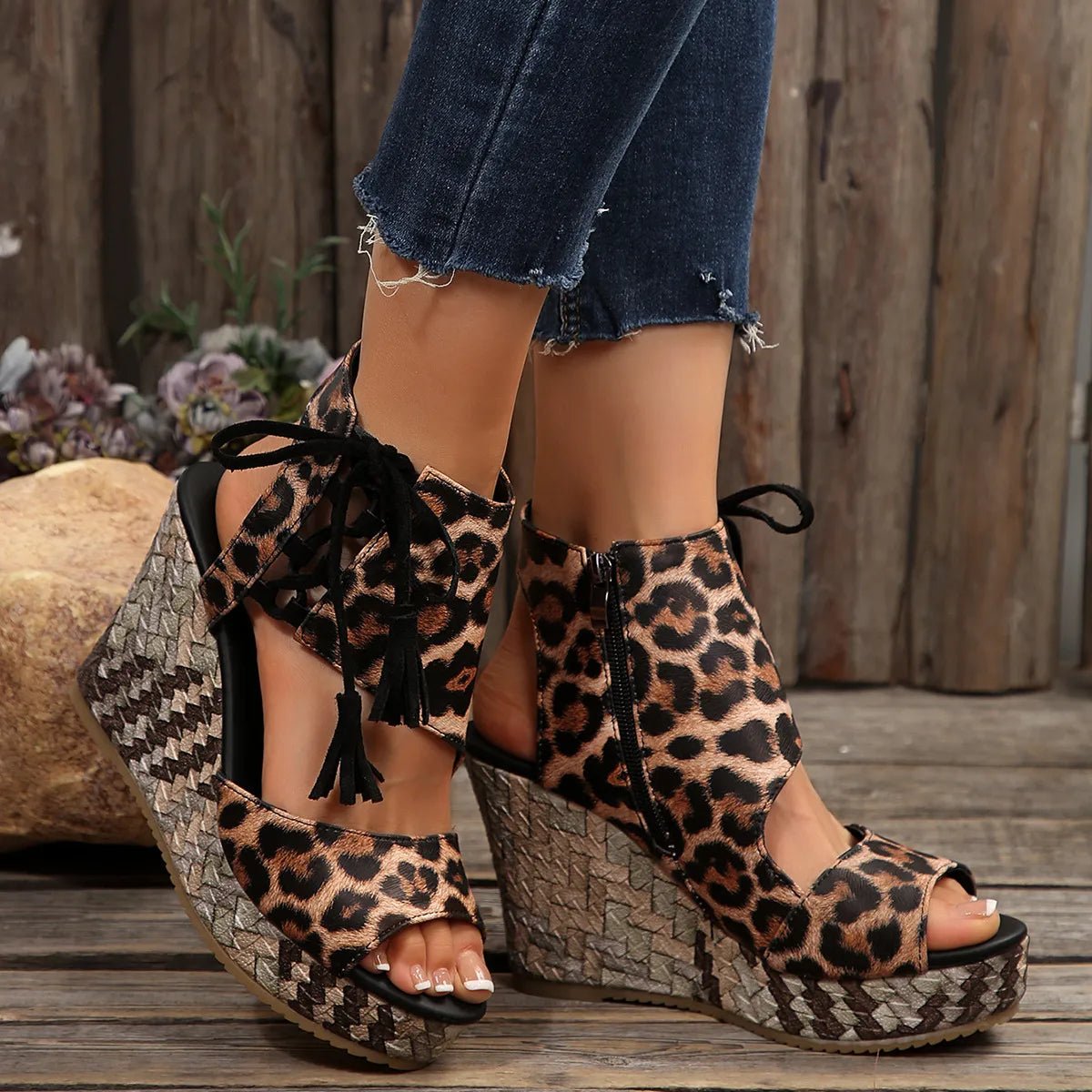 Printed wedge platform sandals with high heels, chic summer shoes by Plush Fashion Hub, featuring colorful printed design.