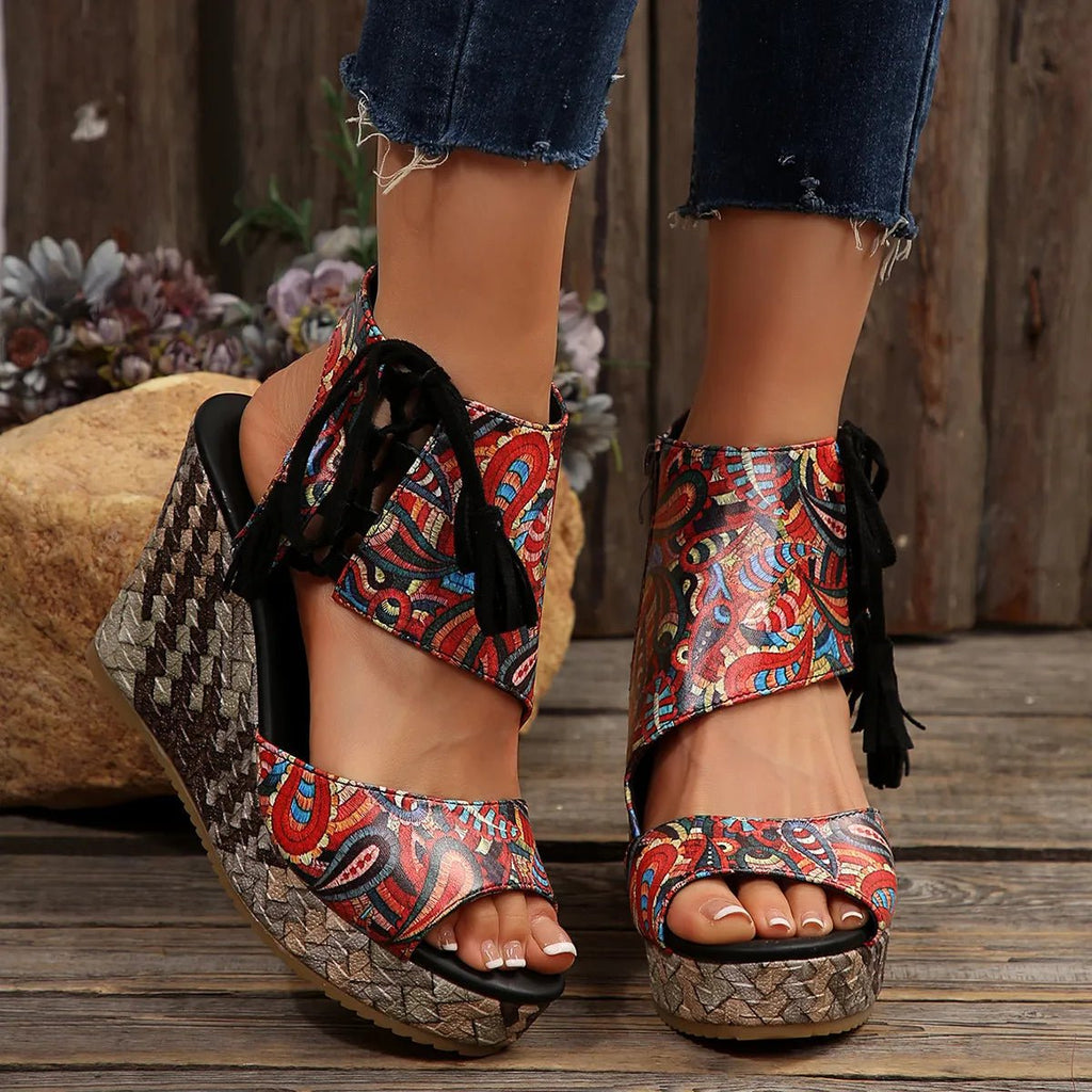 Printed wedge platform sandals by Plush Fashion Hub featuring high heels and summer-ready design with colorful floral print.