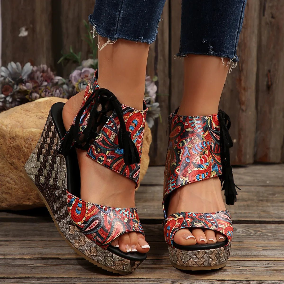Printed wedge platform sandals by Plush Fashion Hub featuring high heels and summer-ready design with colorful floral print.