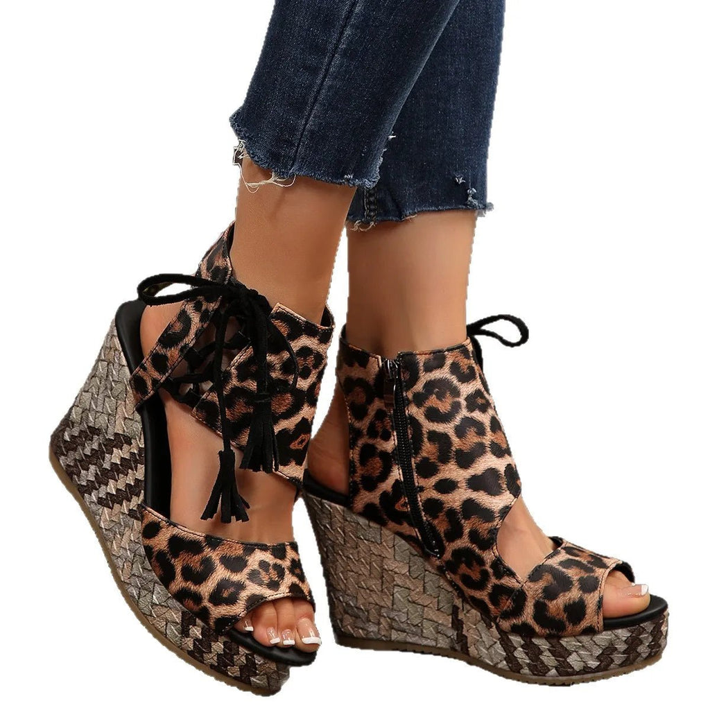 Printed wedge platform sandals by Plush Fashion Hub featuring a chic high heel design for summer footwear.