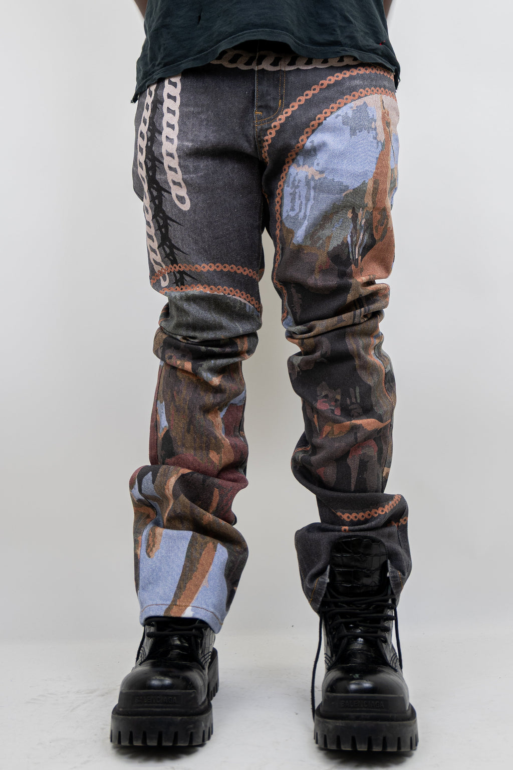 Purple graphic printed stacked jeans by ARMOR JEANS, showcasing a stylish design with a fitted, layered denim look.