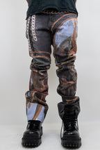 Purple graphic printed stacked jeans by ARMOR JEANS, showcasing a stylish design with a fitted, layered denim look.