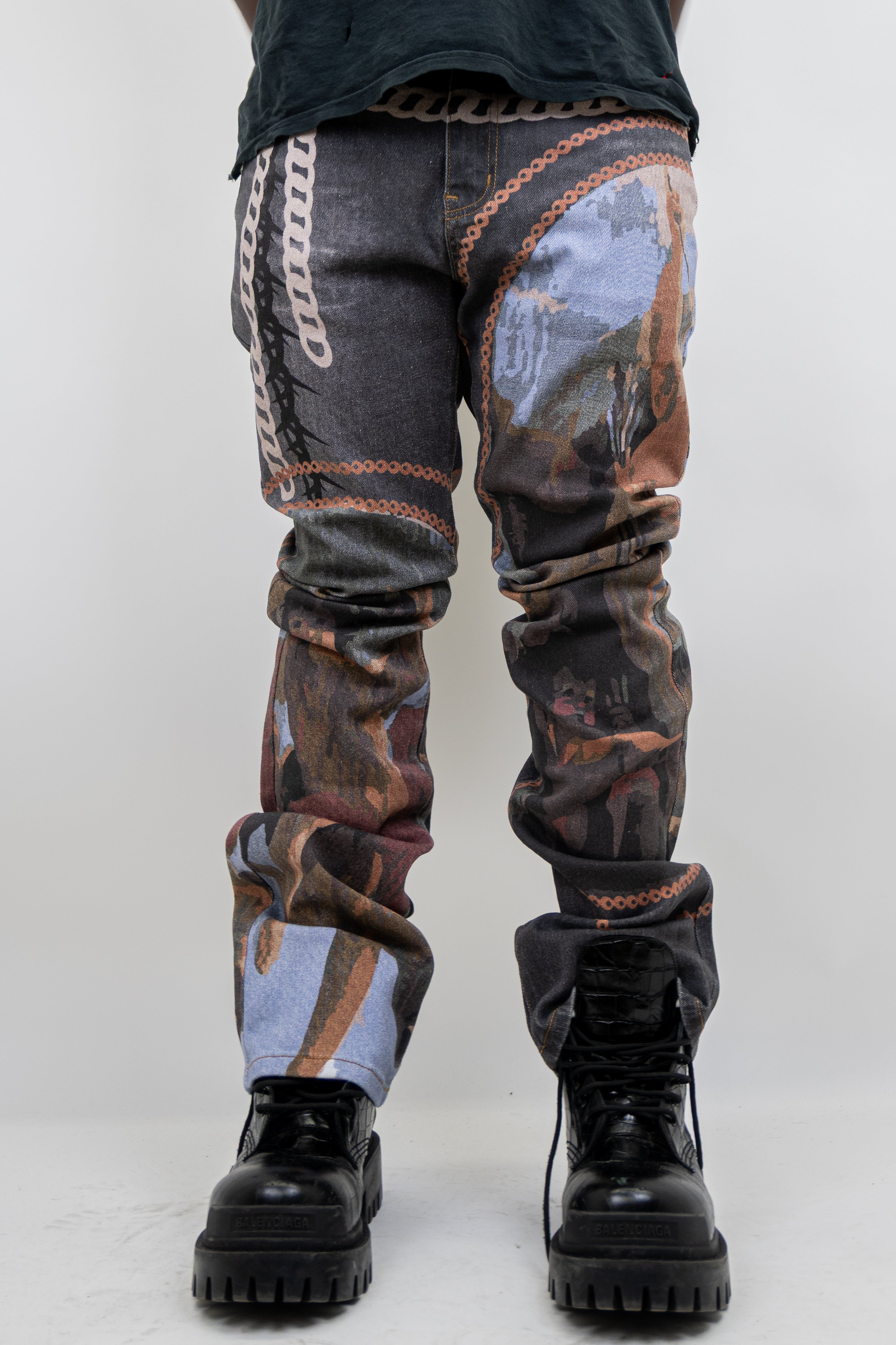 Purple graphic printed stacked jeans by ARMOR JEANS, showcasing a stylish design with a fitted, layered denim look.
