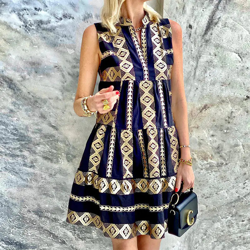 Vintage women's sleeveless printed dress by Trendy Attic Store01, featuring a colorful floral pattern and lightweight fabric.