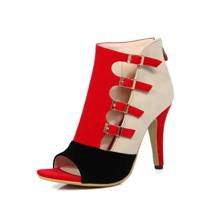 Women's color-block buckle peep-toe high heels from Trendy Attic Store01, featuring stylish design and comfortable fit.