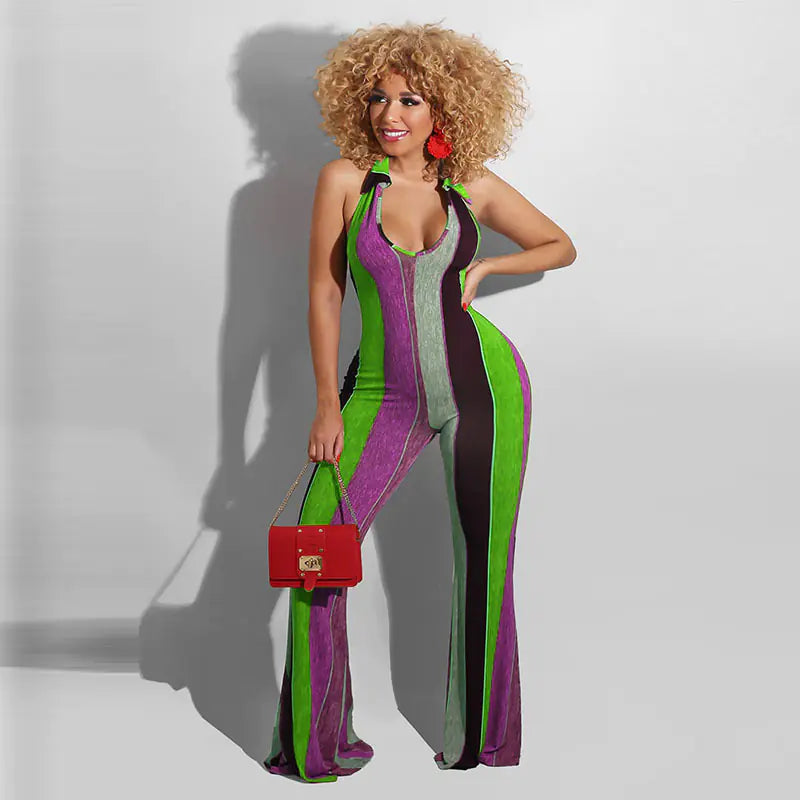 Women striped halter jumpsuit with horn accents, trendy bold look, from Trendy Attic Store01, shown in a stylish full-body shot.