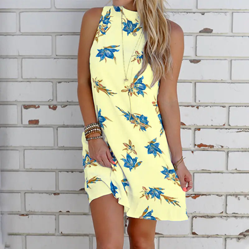 Multicolor sleeveless halter dress for women with vibrant pattern, stylish design, and halter neckline from Trendy Attic Store01