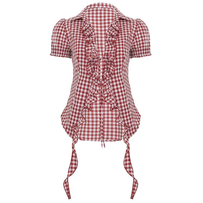 Red plaid overshirt for women by Bella Mia featuring puff sleeves, pleated design, lace-up front, and short sleeve style.