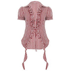 Red plaid overshirt for women by Bella Mia featuring puff sleeves, pleated design, lace-up front, and short sleeve style.