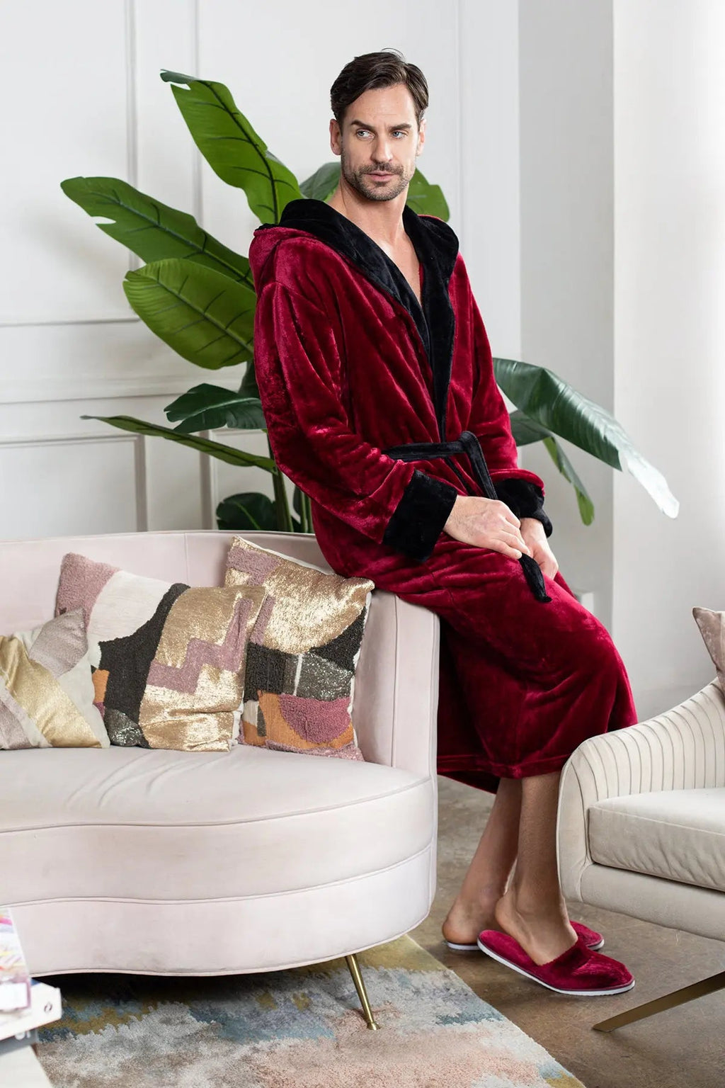 Red men's hooded robe from Plush Fashion Hub featuring ultra-soft plush fabric for cozy everyday comfort.