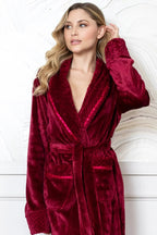 Red women's ultra-soft plush bathrobe by Plush Fashion Hub, showing cozy, fluffy fabric and relaxed fit.