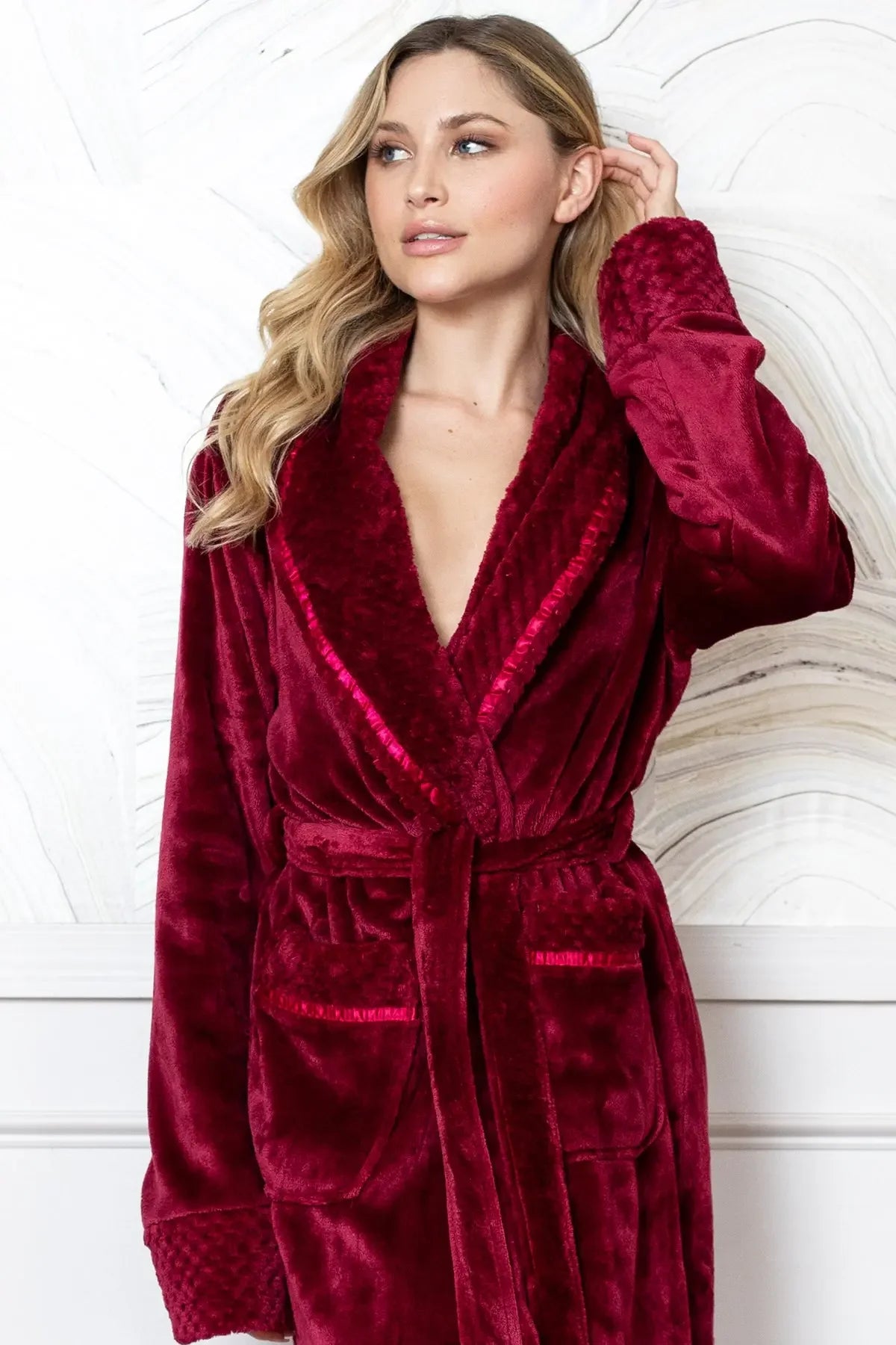 Red women's ultra-soft plush bathrobe by Plush Fashion Hub, showing cozy, fluffy fabric and relaxed fit.