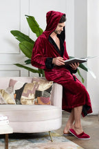 Red men's hooded robe from Plush Fashion Hub, made of ultra-soft plush fabric for cozy everyday comfort.