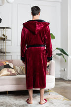 Red men's plush hooded robe from Plush Fashion Hub, ultra-soft and comfortable for everyday wear.