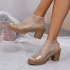 Elegant rhinestone block heel sandals by Trendsi featuring comfortable evening formal shoe design with sparkling embellishments.