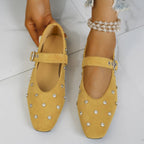 Suede and PU leather Mary Jane flat loafers with rhinestone buckle detail, stylish and comfortable shoes by Trendsi.