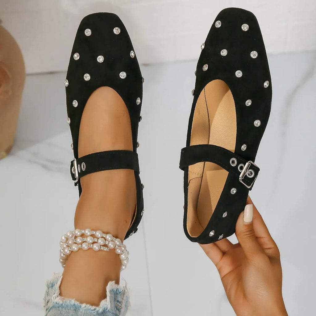 Rhinestone buckle Mary Jane flat loafers by Trendsi in suede and PU leather with a stylish, sparkling strap detail.