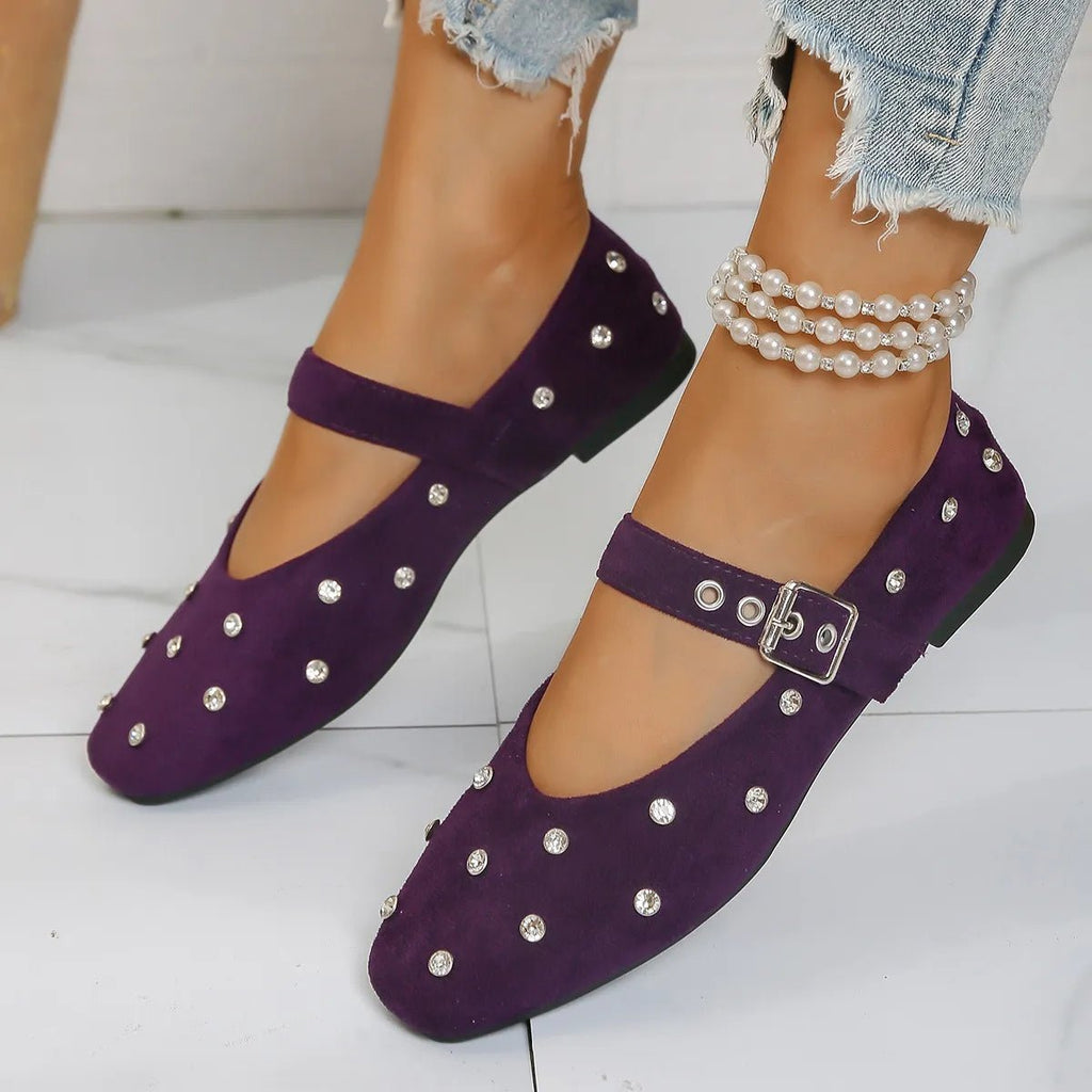 Rhinestone buckle Mary Jane flat loafers in suede and PU leather, stylish shoe with decorative rhinestone accents.