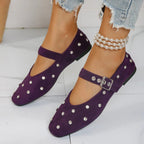 Rhinestone buckle Mary Jane flat loafers in suede and PU leather, stylish shoe with decorative rhinestone accents.