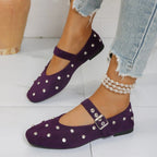 Rhinestone buckle Mary Jane flats in suede and PU leather, stylish slip-on shoes with decorative buckle detail.