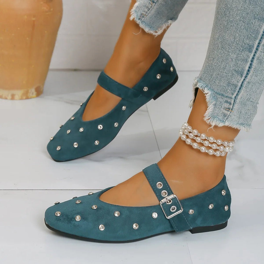 Rhinestone buckle Mary Jane flats in suede and PU leather with a flat sole and classic design, stylish and comfortable shoes.