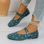 Rhinestone buckle Mary Jane flats in suede and PU leather with a flat sole and classic design, stylish and comfortable shoes.