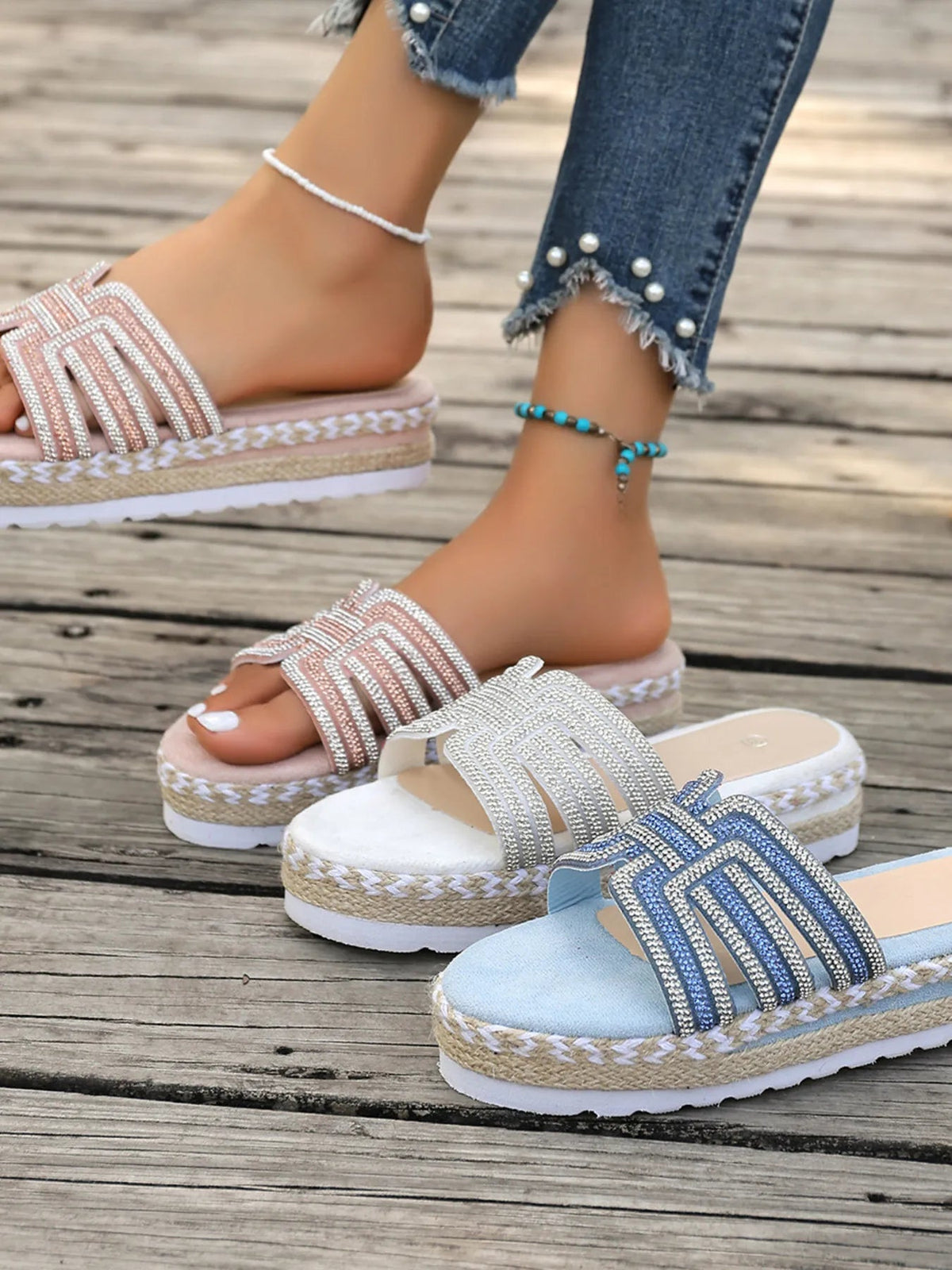 Women’s rhinestone platform espadrille sandals by Plush Fashion Hub with sparkly embellishments and woven jute sole.