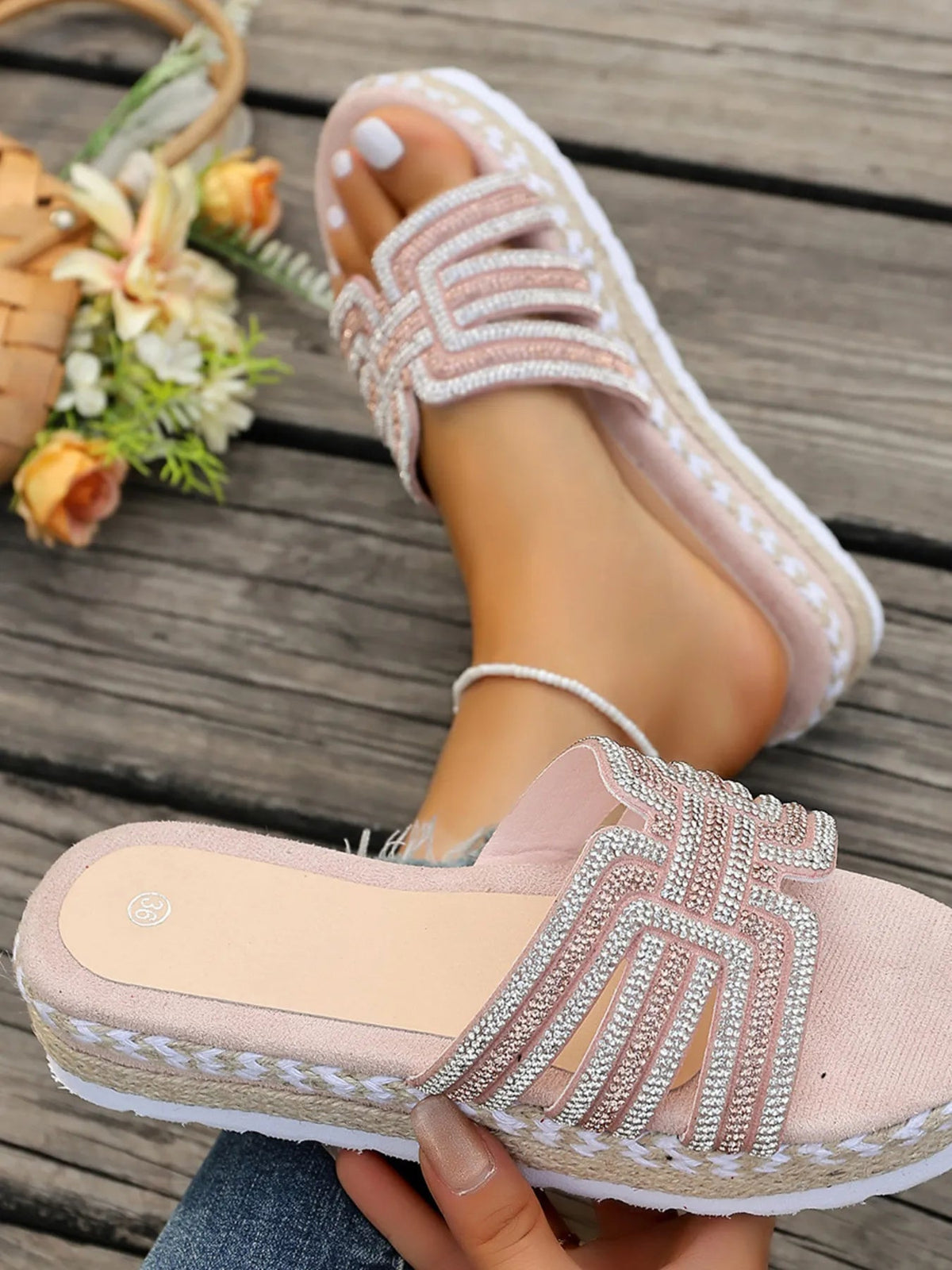 Women’s rhinestone platform espadrille sandals with sparkly embellishments, summer footwear by Plush Fashion Hub.