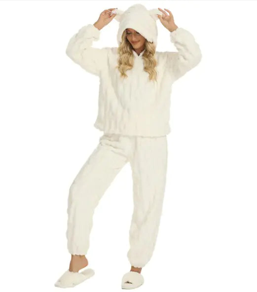 Velvet plush hoodie with hood featuring square heart and ears, soft home wear from Plush Fashion Hub.