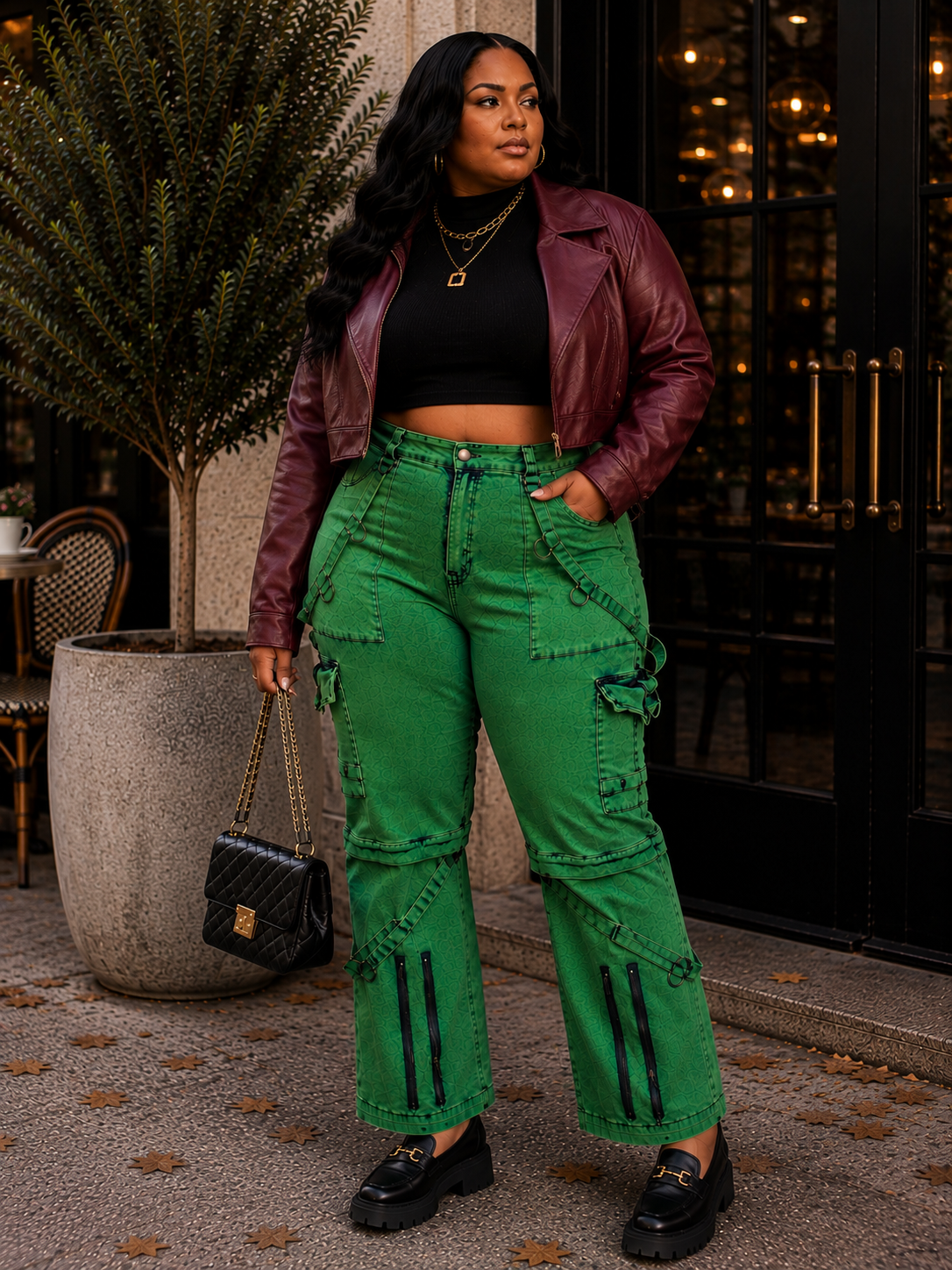 Fasheabe Oh So Crafty Utility Cargo Plus Size Green Denim Pants, stylish bottoms with multiple pockets and a relaxed fit.