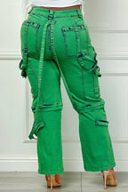 Plus size green denim cargo pants by Fasheabe, featuring utility style with multiple pockets and a relaxed fit.