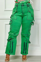 Plus size green denim cargo pants by Fasheabe, casual bottoms with multiple pockets and a relaxed fit.