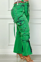 Plus size green denim cargo pants from Oh So Crafty Utility collection by Fasheabe, featuring multiple pockets and a relaxed fit.