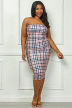 Fasheabe Damari printed pink bodycon tube midi dress for plus size women, featuring a fitted silhouette and stylish design.